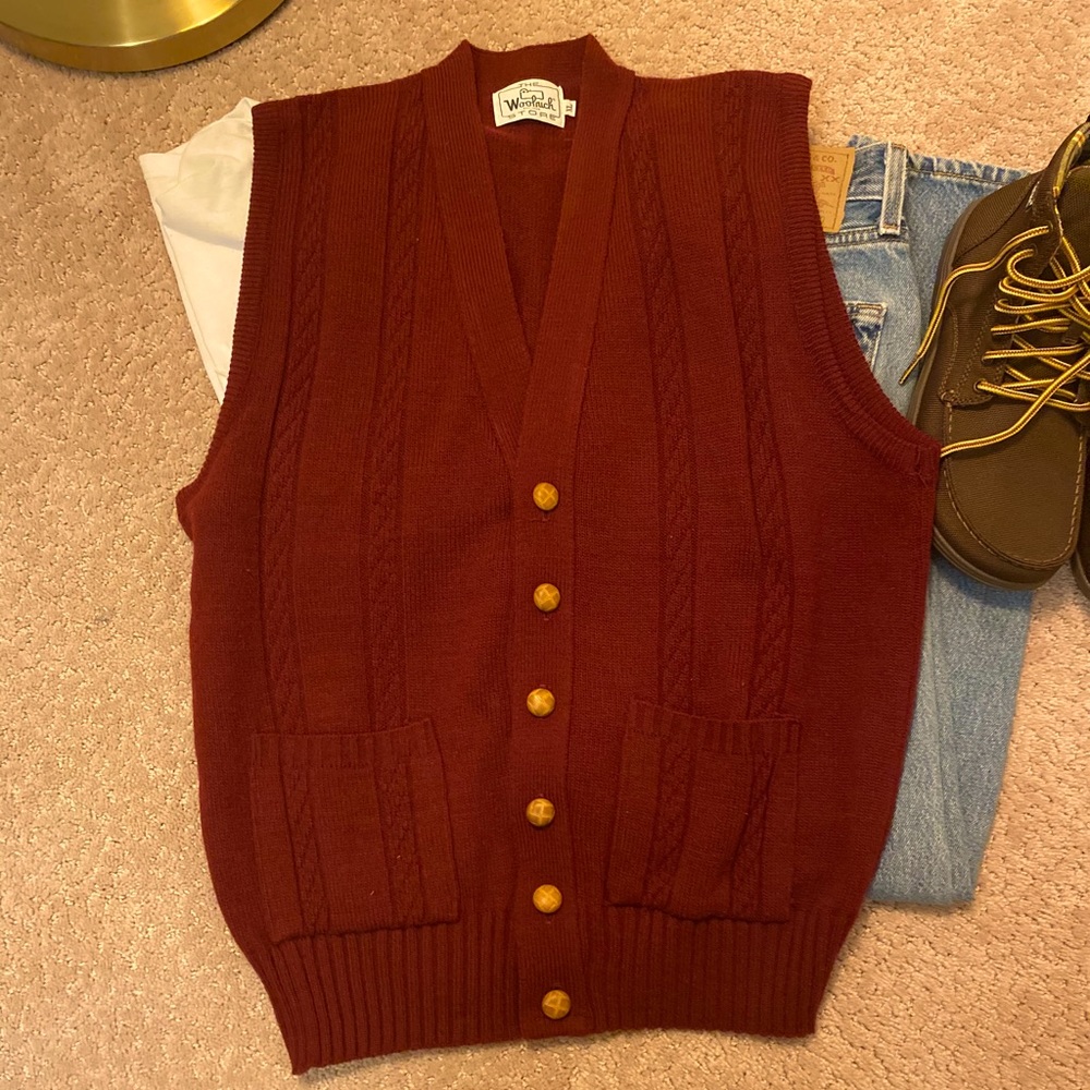 Vintage wool button down vest w/ leather buttons
